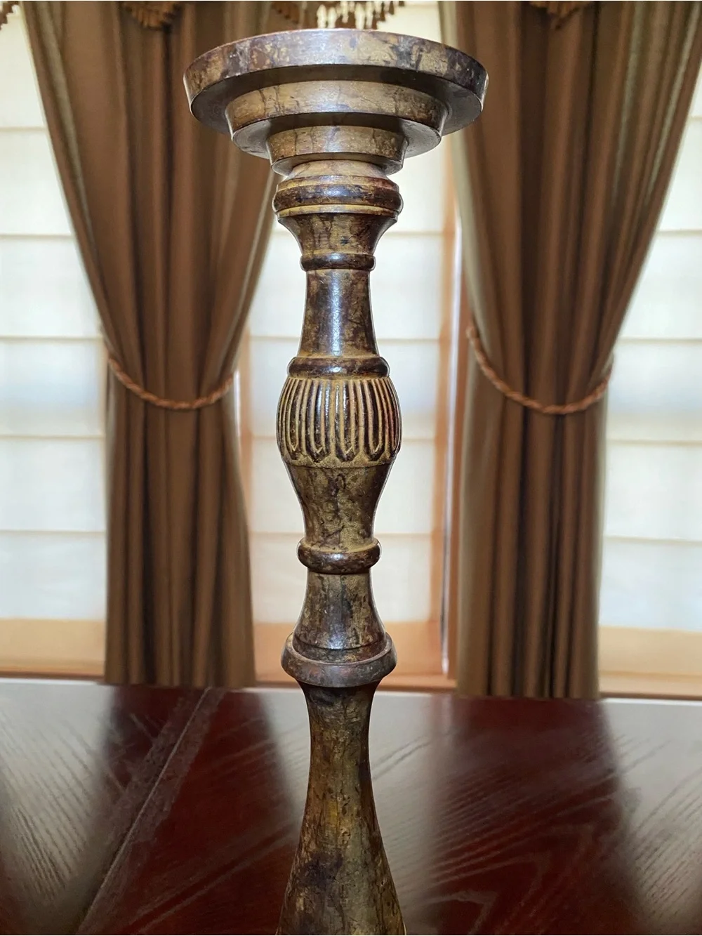 Decorative 20.5 inch painted metal candlestick with lWood-Tone and patina finish